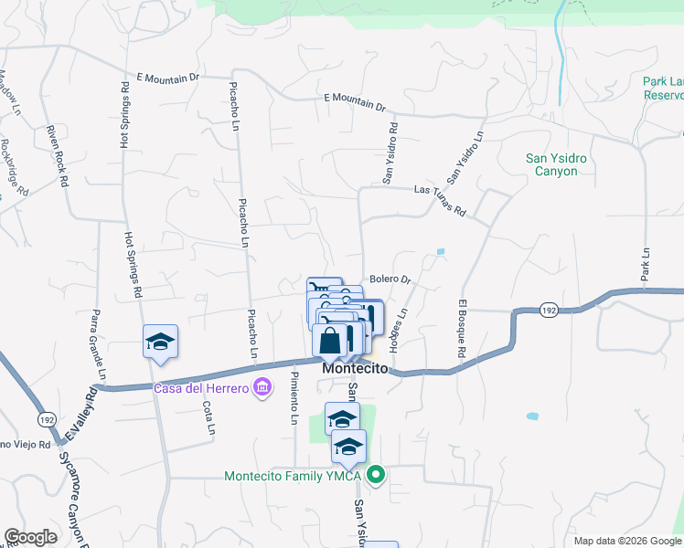 map of restaurants, bars, coffee shops, grocery stores, and more near 595 San Ysidro Road in Montecito