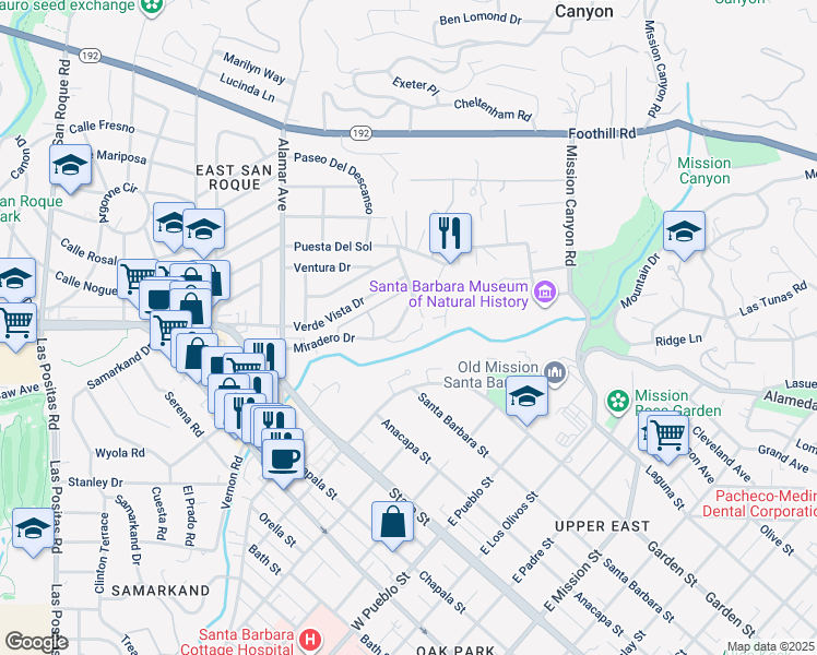 map of restaurants, bars, coffee shops, grocery stores, and more near 2731 Miradero Drive in Santa Barbara