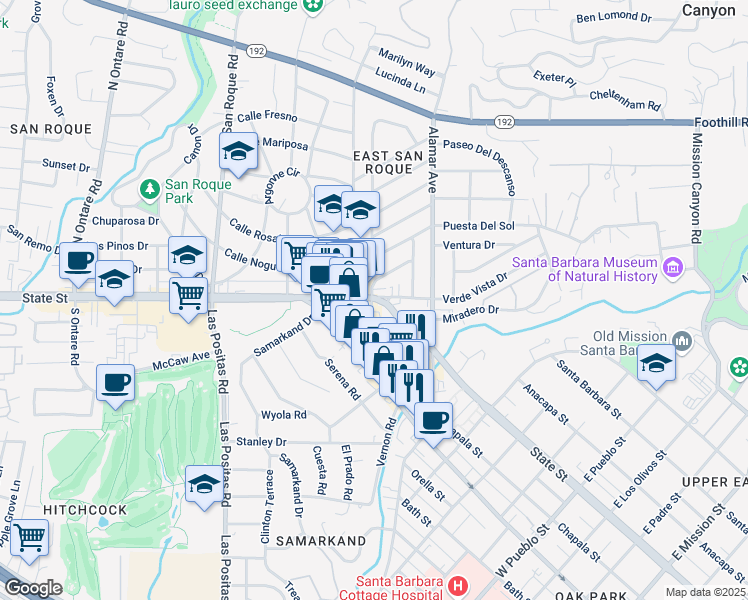 map of restaurants, bars, coffee shops, grocery stores, and more near 2953 State Street in Santa Barbara