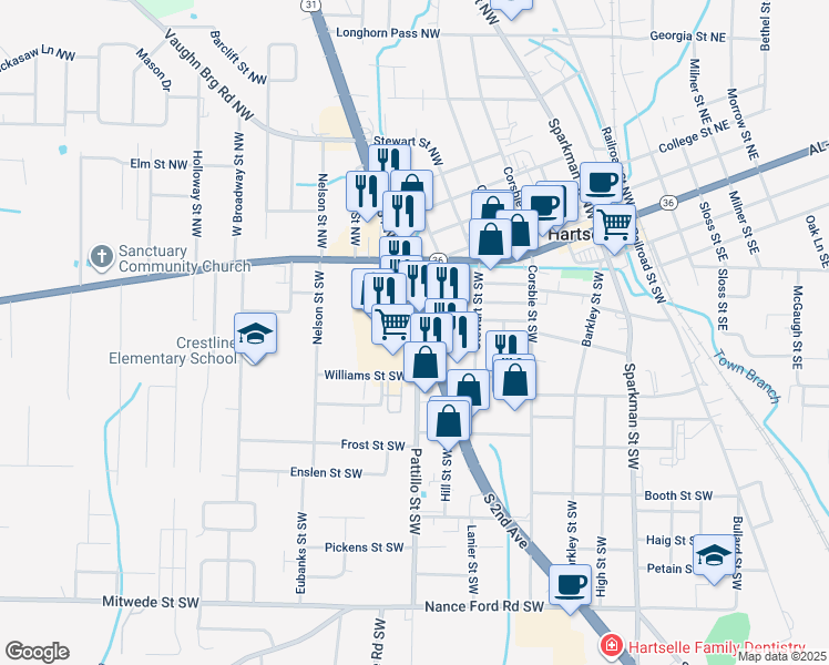 map of restaurants, bars, coffee shops, grocery stores, and more near 501 Highway 31 Southwest in Hartselle