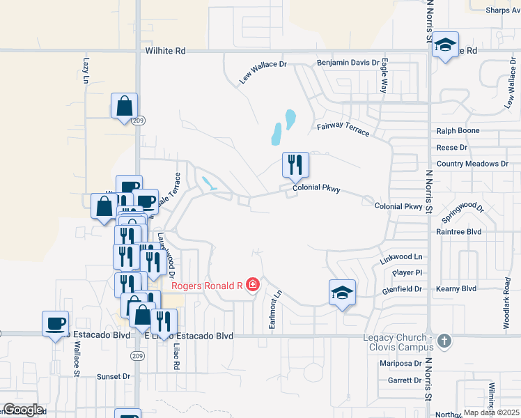 map of restaurants, bars, coffee shops, grocery stores, and more near 1300 Colonial Parkway in Clovis
