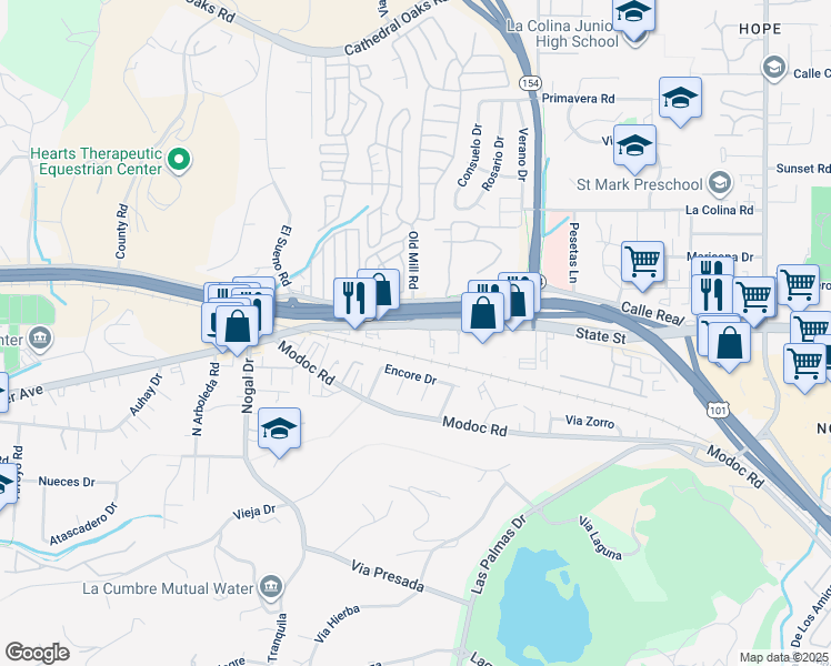 map of restaurants, bars, coffee shops, grocery stores, and more near 4241 State Street in Santa Barbara