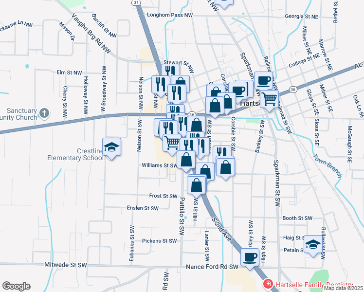 map of restaurants, bars, coffee shops, grocery stores, and more near 501 Highway 31 Southwest in Hartselle