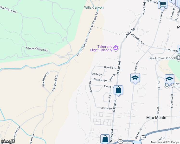 map of restaurants, bars, coffee shops, grocery stores, and more near 1292 Avila Drive in Ojai