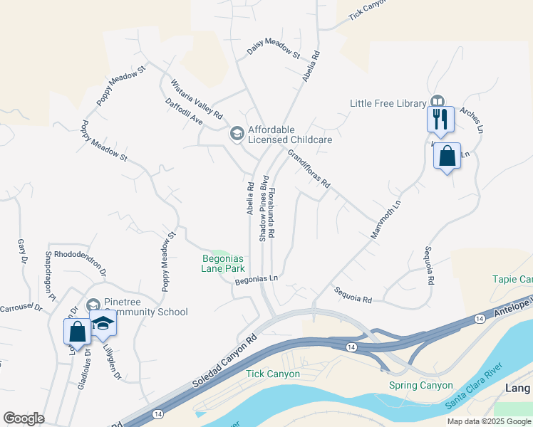 map of restaurants, bars, coffee shops, grocery stores, and more near 29347 Florabunda Road in Santa Clarita