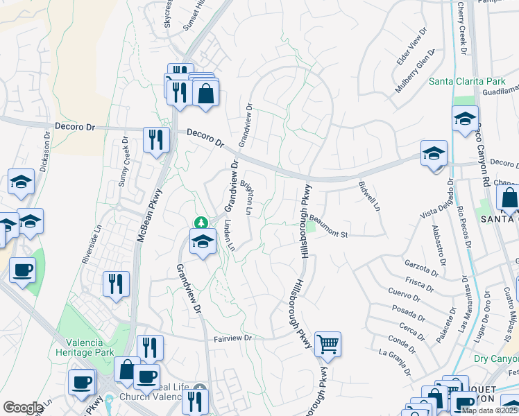 map of restaurants, bars, coffee shops, grocery stores, and more near 23604 Sunderland Court in Santa Clarita