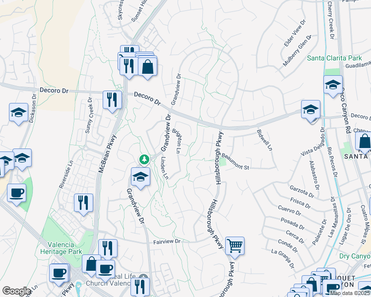 map of restaurants, bars, coffee shops, grocery stores, and more near 23604 Sunderland Court in Santa Clarita
