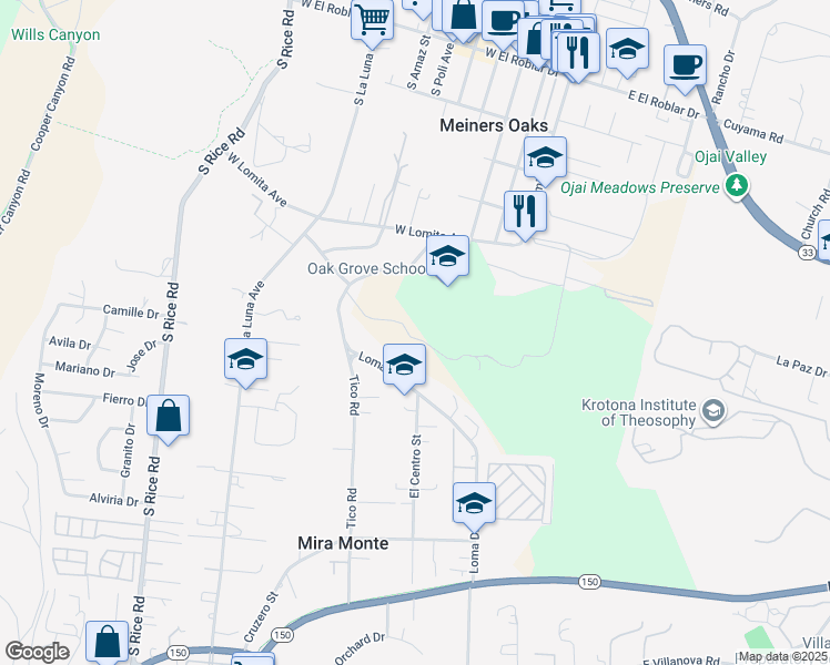 map of restaurants, bars, coffee shops, grocery stores, and more near 650 Tico Road in Ojai