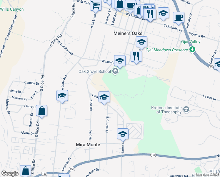 map of restaurants, bars, coffee shops, grocery stores, and more near 646 Tico Road in Ojai