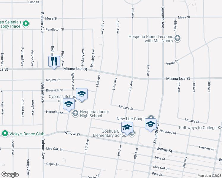 map of restaurants, bars, coffee shops, grocery stores, and more near 10427 10th Avenue in Hesperia