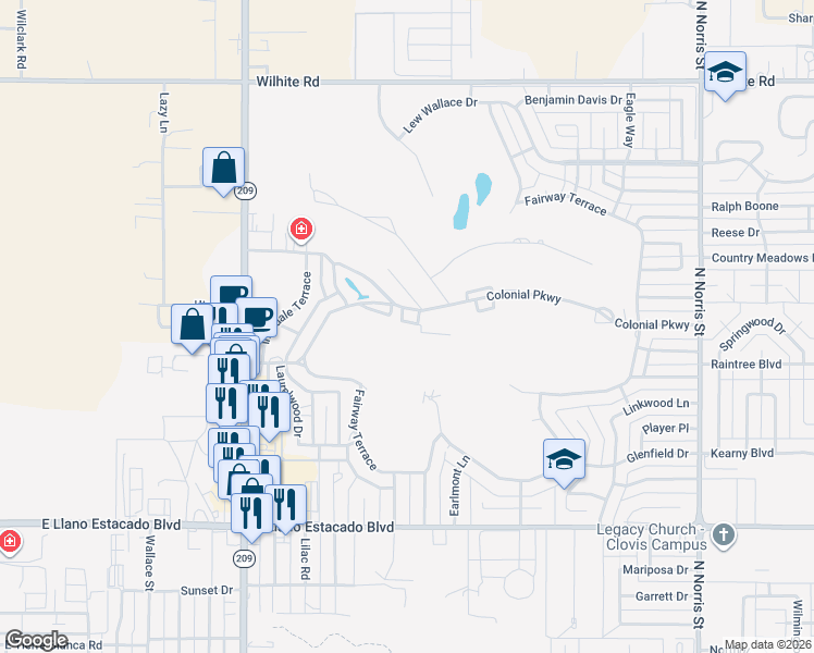 map of restaurants, bars, coffee shops, grocery stores, and more near 1300 Colonial Parkway in Clovis