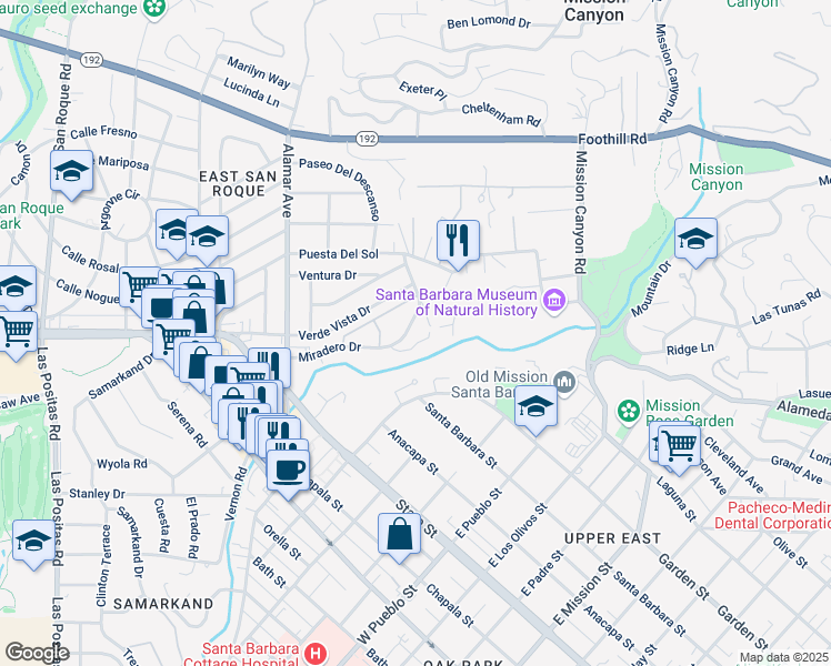 map of restaurants, bars, coffee shops, grocery stores, and more near 2731 Miradero Drive in Santa Barbara