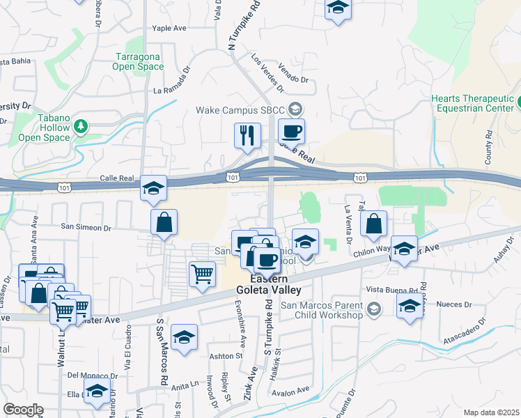 map of restaurants, bars, coffee shops, grocery stores, and more near 162 Camino De Vida in Santa Barbara
