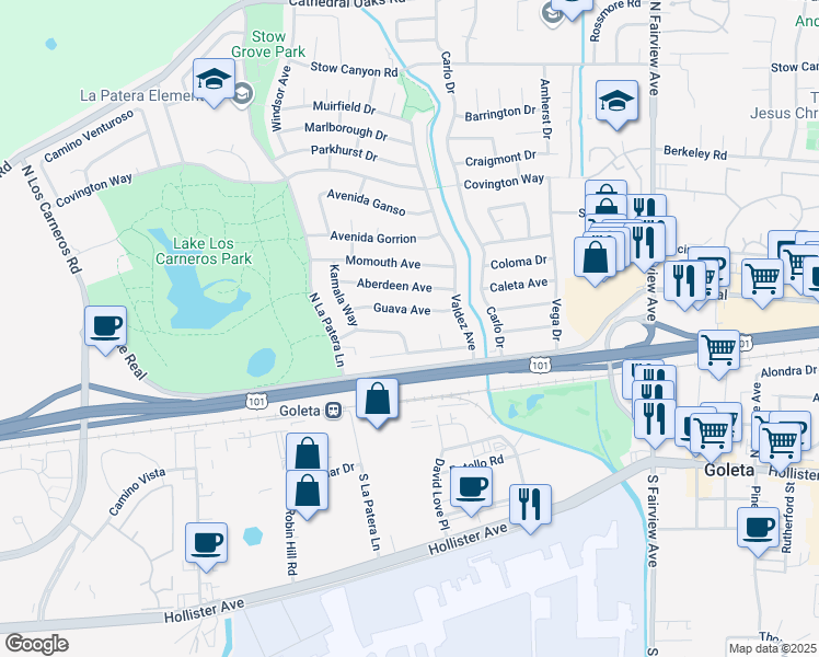 map of restaurants, bars, coffee shops, grocery stores, and more near 67 Newcastle Circle in Goleta