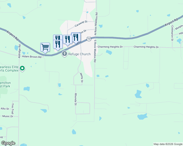 map of restaurants, bars, coffee shops, grocery stores, and more near 230 South Ross Maddox Road in Pearcy