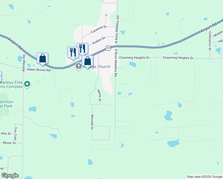 map of restaurants, bars, coffee shops, grocery stores, and more near 230 South Ross Maddox Road in Pearcy