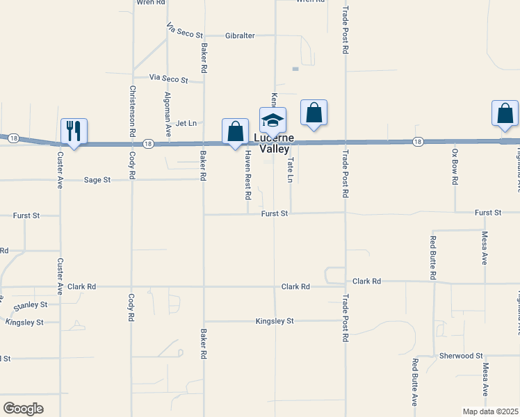 map of restaurants, bars, coffee shops, grocery stores, and more near 31858 Furst Street in Lucerne Valley