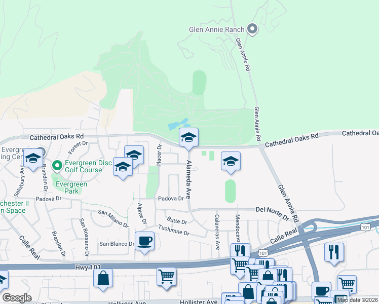 map of restaurants, bars, coffee shops, grocery stores, and more near 7268 Alameda Avenue in Goleta