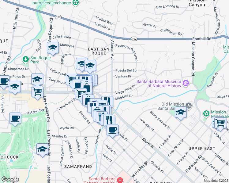 map of restaurants, bars, coffee shops, grocery stores, and more near 2881 Verde Vista Drive in Santa Barbara
