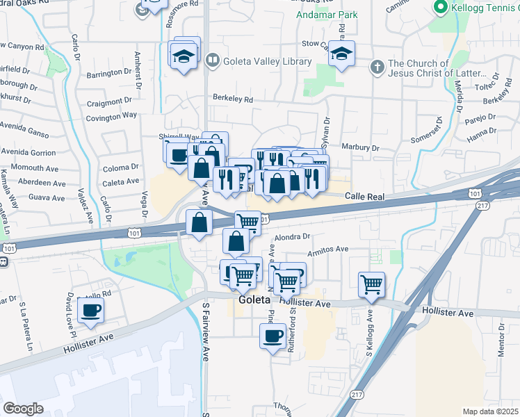 map of restaurants, bars, coffee shops, grocery stores, and more near 5875 Calle Real in Goleta