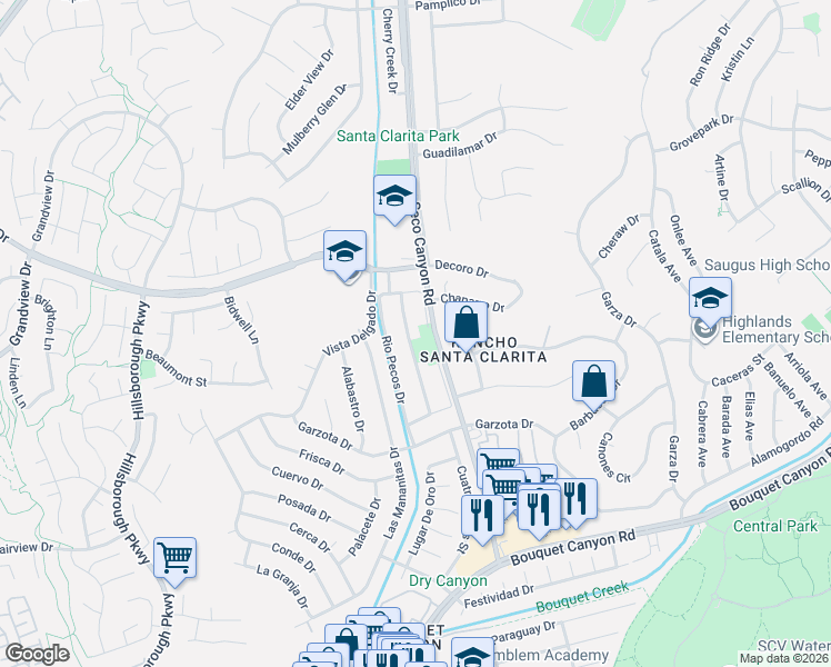 map of restaurants, bars, coffee shops, grocery stores, and more near 27104 Rio Prado Drive in Santa Clarita