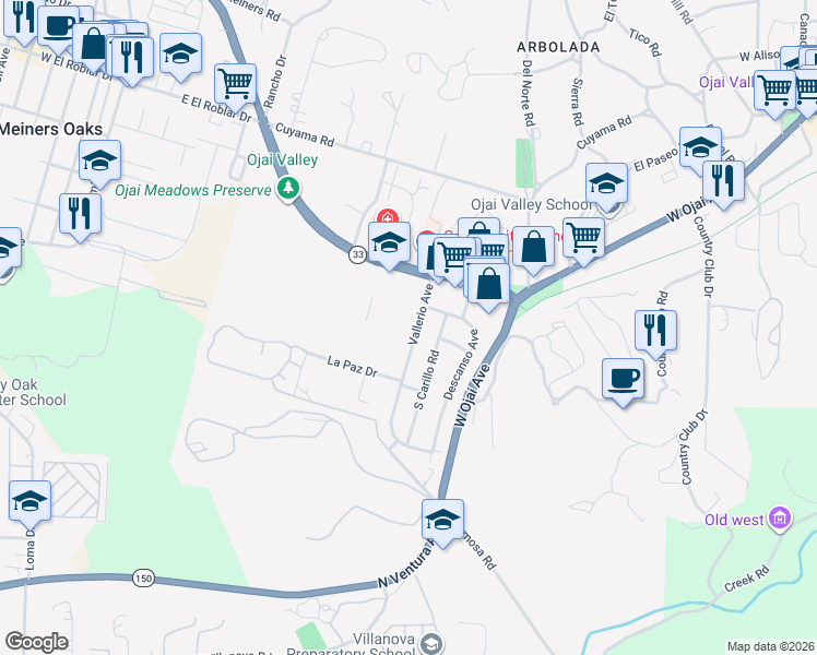map of restaurants, bars, coffee shops, grocery stores, and more near 213 Vallerio Avenue in Ojai