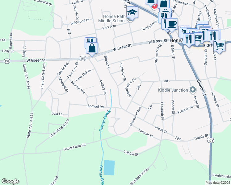 map of restaurants, bars, coffee shops, grocery stores, and more near 208 Brook St in Honea Path
