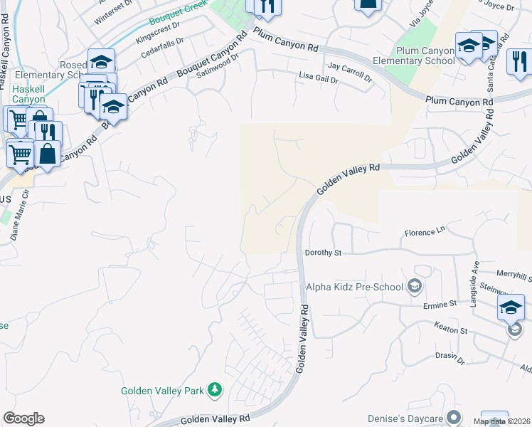 map of restaurants, bars, coffee shops, grocery stores, and more near 20556 Suzie Lane in Los Angeles County