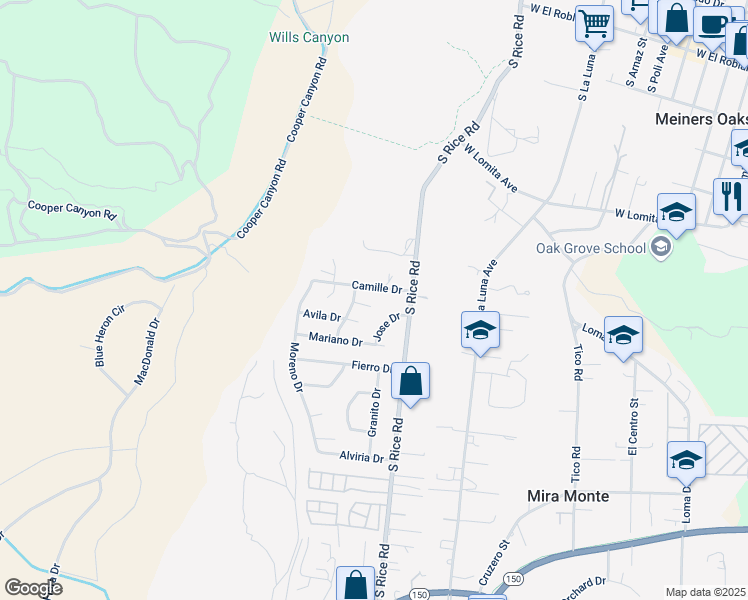 map of restaurants, bars, coffee shops, grocery stores, and more near 858 Cambon Circle in Ojai