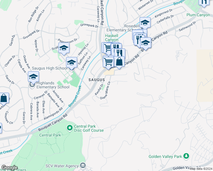 map of restaurants, bars, coffee shops, grocery stores, and more near 27517 Diane Marie Circle in Santa Clarita