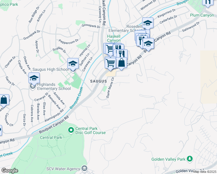 map of restaurants, bars, coffee shops, grocery stores, and more near 27517 Diane Marie Circle in Santa Clarita