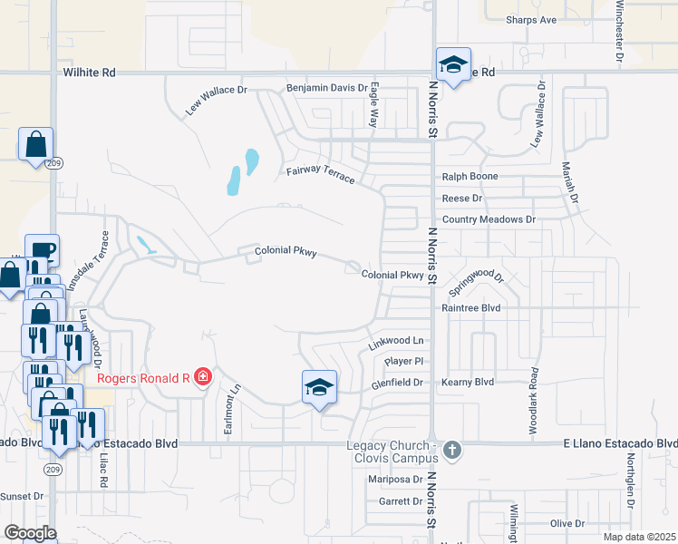 map of restaurants, bars, coffee shops, grocery stores, and more near 1809 Colonial Parkway in Clovis