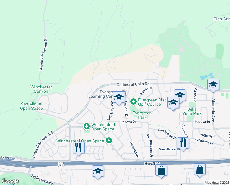 map of restaurants, bars, coffee shops, grocery stores, and more near 7705 Evergreen Drive in Goleta