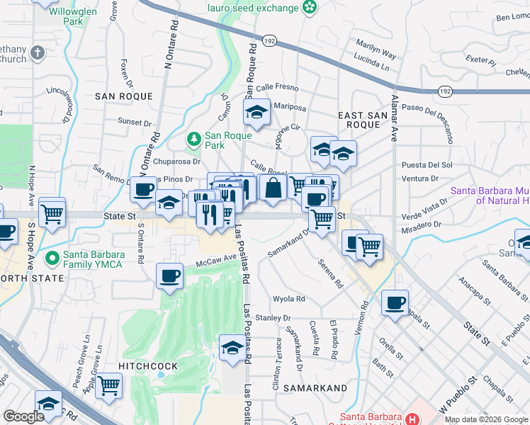 map of restaurants, bars, coffee shops, grocery stores, and more near 3200 State Street in Santa Barbara