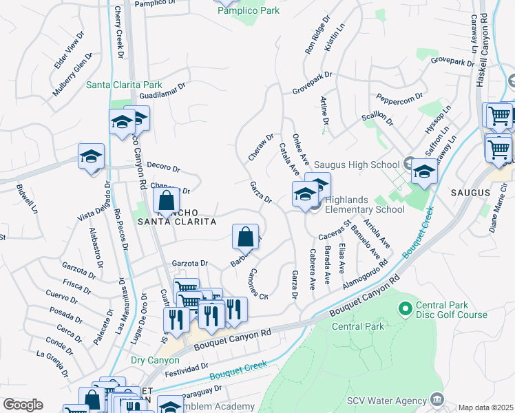 map of restaurants, bars, coffee shops, grocery stores, and more near 22396 Barbacoa Drive in Santa Clarita