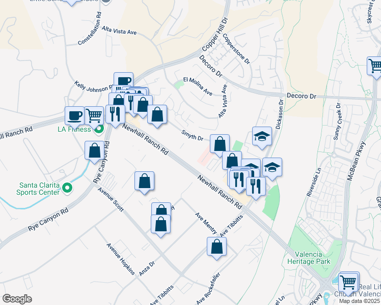 map of restaurants, bars, coffee shops, grocery stores, and more near 27911 Smyth Drive in Santa Clarita