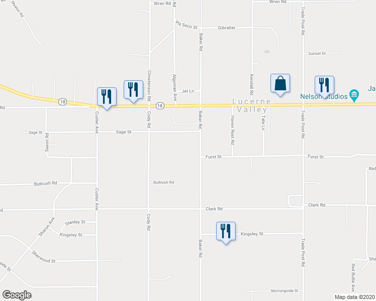 map of restaurants, bars, coffee shops, grocery stores, and more near 10316 Baker Road in Lucerne Valley