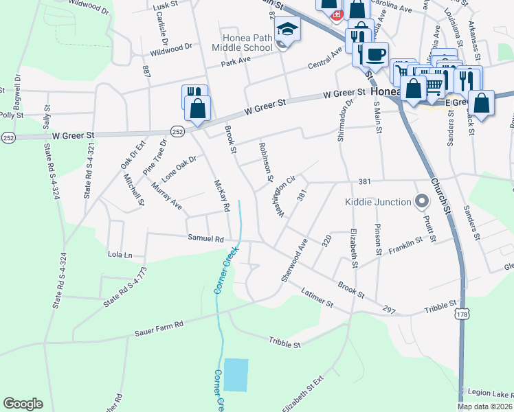 map of restaurants, bars, coffee shops, grocery stores, and more near 208 Brook Street in Honea Path
