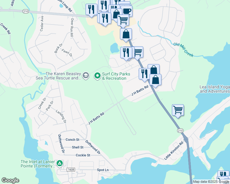 map of restaurants, bars, coffee shops, grocery stores, and more near 115 James Avenue in Surf City