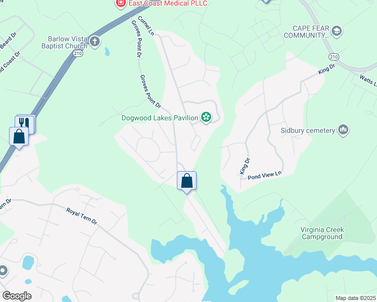 map of restaurants, bars, coffee shops, grocery stores, and more near 523 Groves Point Drive in Hampstead