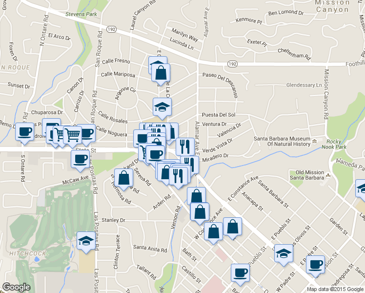 map of restaurants, bars, coffee shops, grocery stores, and more near 2923 Verde Vista Drive in Santa Barbara