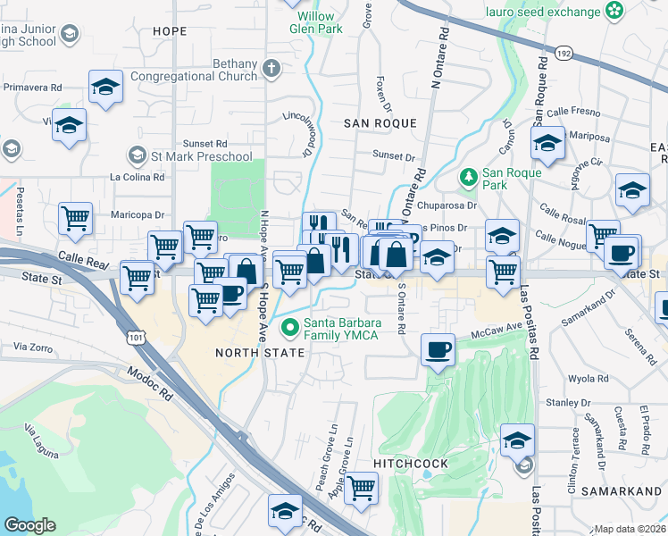 map of restaurants, bars, coffee shops, grocery stores, and more near 3731 State Street in Santa Barbara
