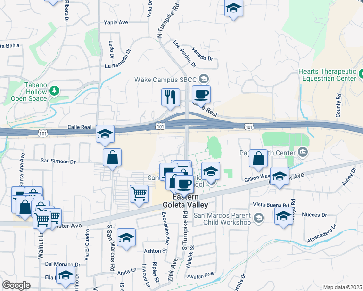 map of restaurants, bars, coffee shops, grocery stores, and more near 162 Camino De Vida in Santa Barbara
