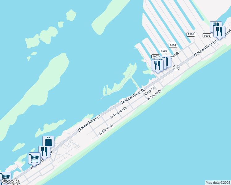 map of restaurants, bars, coffee shops, grocery stores, and more near 207 South Boca Bay Lane in Surf City