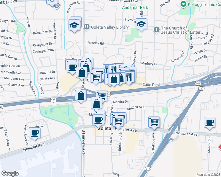 map of restaurants, bars, coffee shops, grocery stores, and more near 5875 Calle Real in Goleta