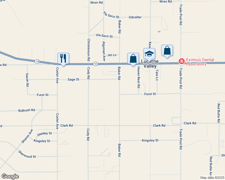 map of restaurants, bars, coffee shops, grocery stores, and more near 10316 Baker Road in Lucerne Valley