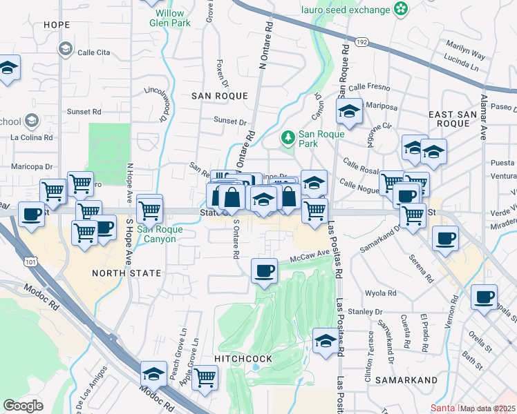 map of restaurants, bars, coffee shops, grocery stores, and more near 3505 State Street in Santa Barbara