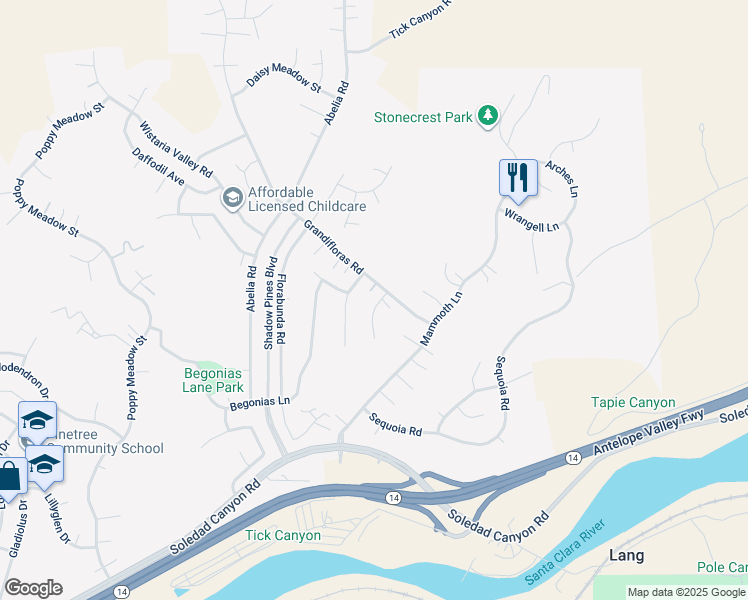 map of restaurants, bars, coffee shops, grocery stores, and more near 29347 Canyon Rim Place in Santa Clarita