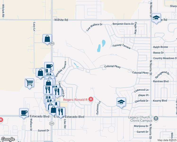 map of restaurants, bars, coffee shops, grocery stores, and more near 1300 Colonial Parkway in Clovis
