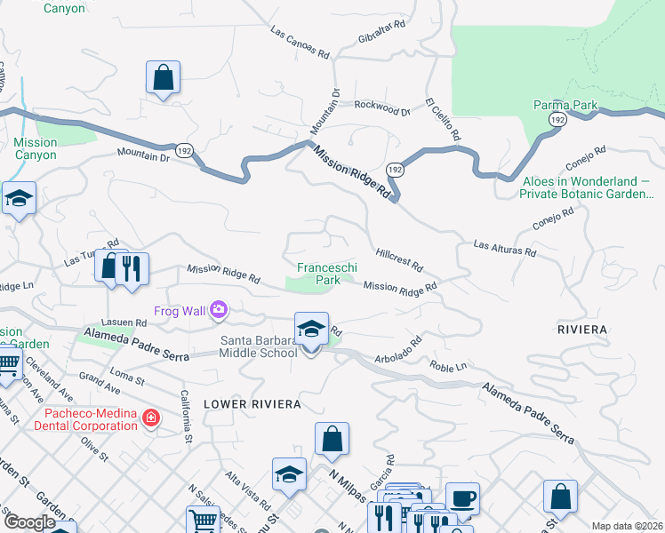 map of restaurants, bars, coffee shops, grocery stores, and more near 1540 Franceschi Road in Santa Barbara